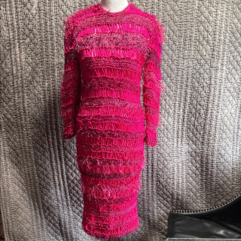 Vibrant Fuchsia Long Sleeve Women's Dress.Hand made With 100%Silk Ribbon